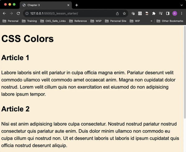 Browser showing above CSS applied to page